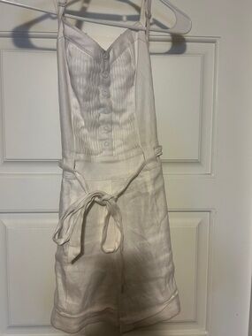 bebe Cream Button-Front Linen Romper with Tie Waist